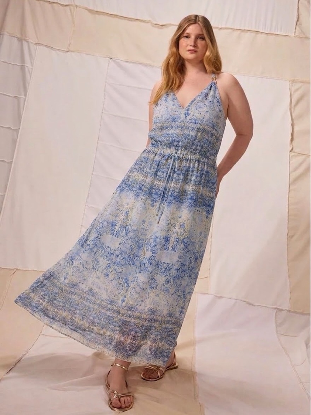 Ivanka Trump Blue Patterned Maxi Dress with Drawstring Waist Gold Accents